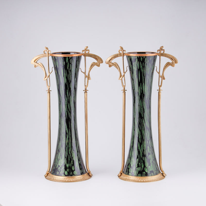 Pair of Jugendstyle vases with floral motifs and  bronze framework