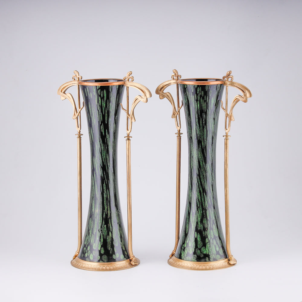 Pair of Jugendstyle vases with floral motifs and  bronze framework