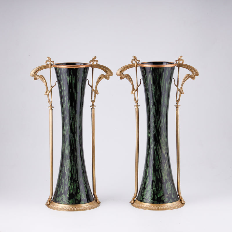 Pair of Jugendstyle vases with floral motifs and  bronze framework