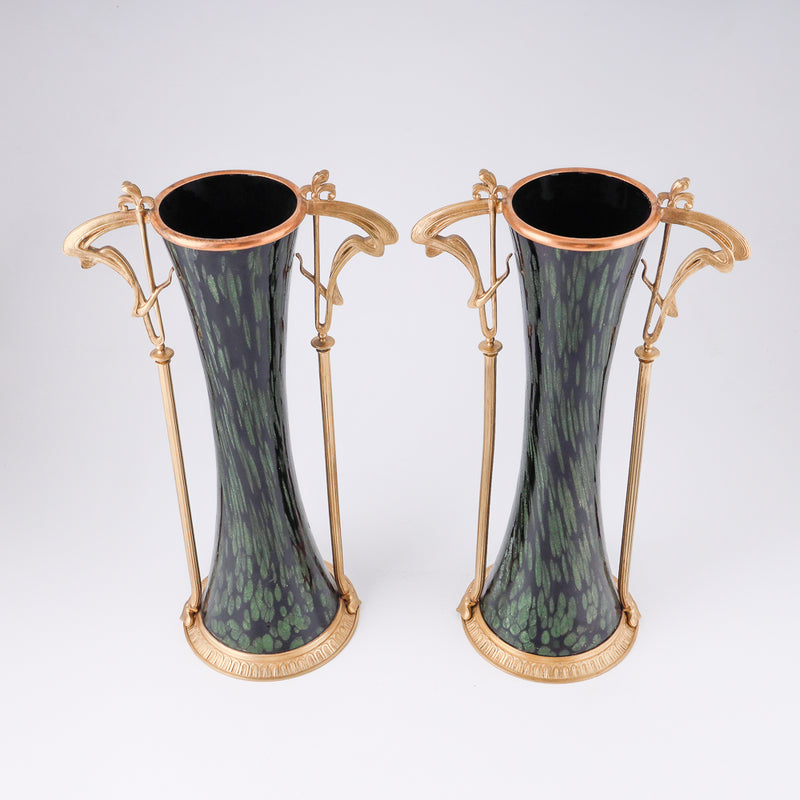 Pair of Jugendstyle vases with floral motifs and  bronze framework