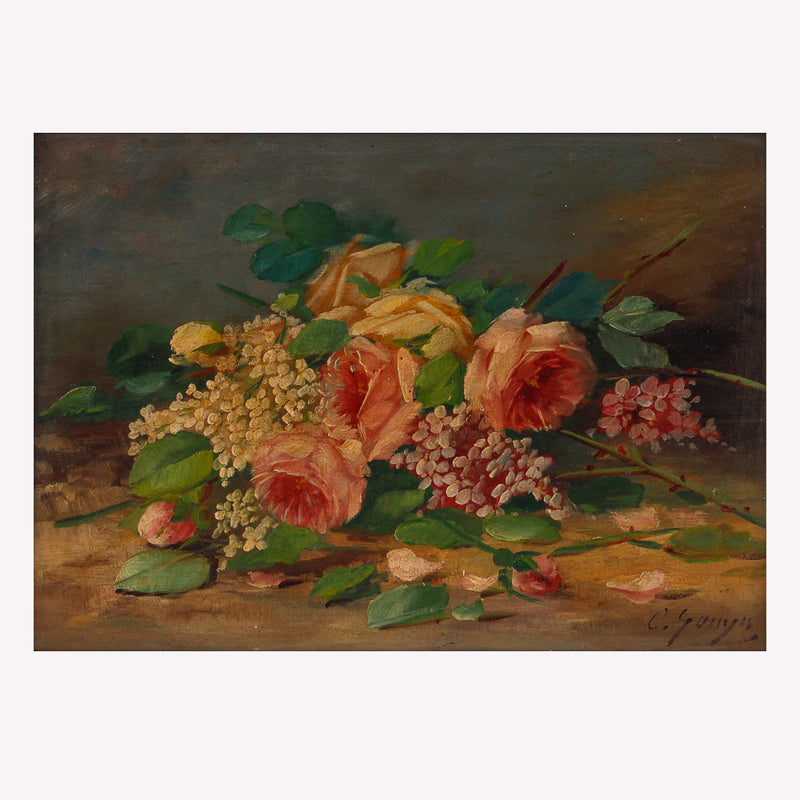Pair of paintings of a still life with asters and peonies