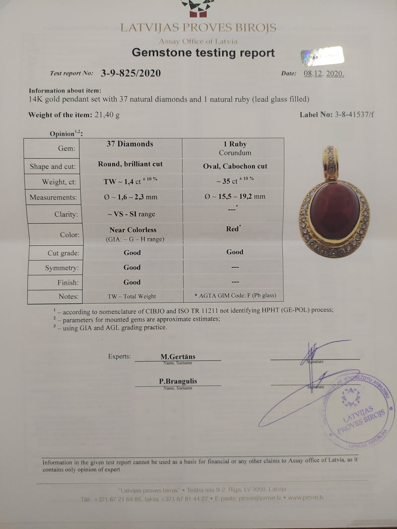 復古 14k 黃金項鍊，吊墜鑲嵌天然鑽石和凸圓形切割紅寶石