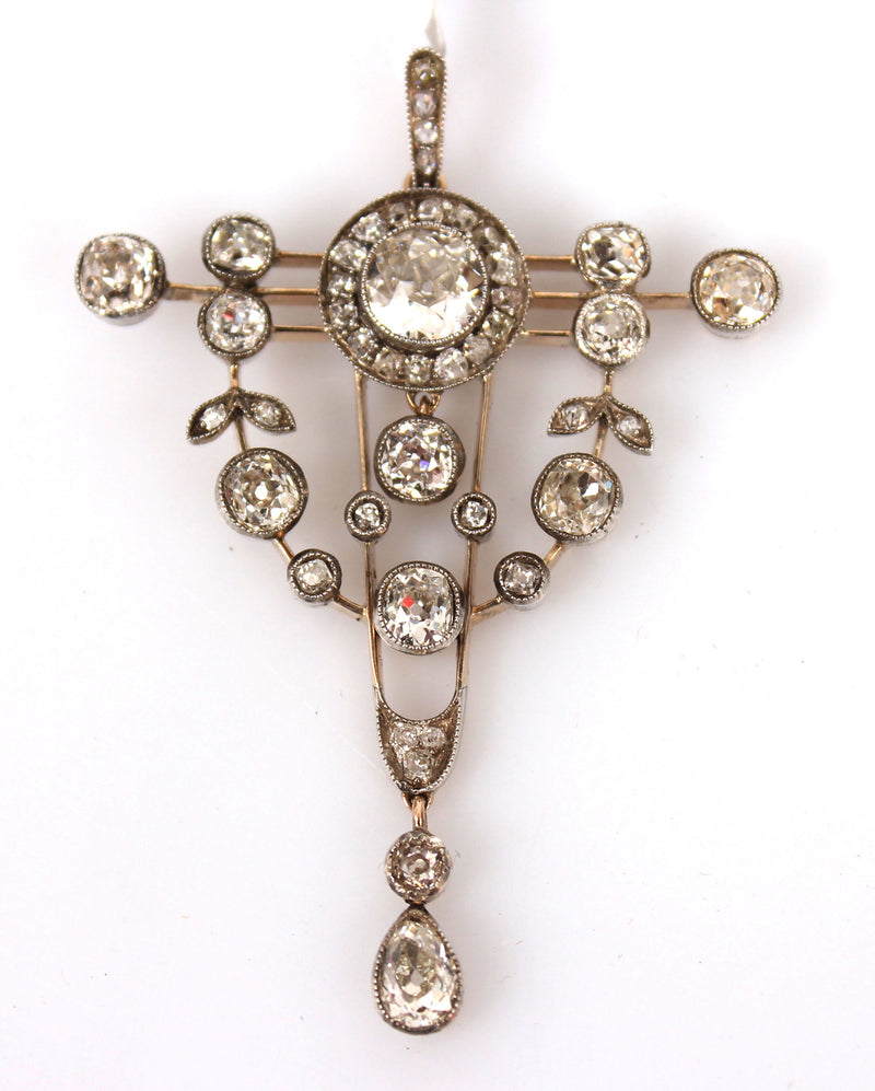 Antique gold and silver pendant/pin brooch set with natural diamonds