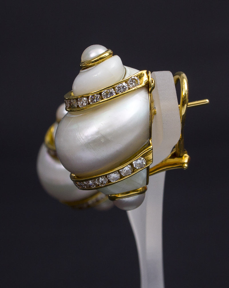 A pair of vintage Turbo Shell Earrings with cultured Pearls by Seaman Schepps