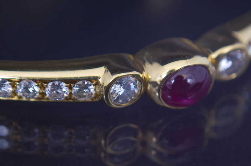 復古 18k 黃金手鍊，鑲嵌天然鑽石和一顆天然紅寶石