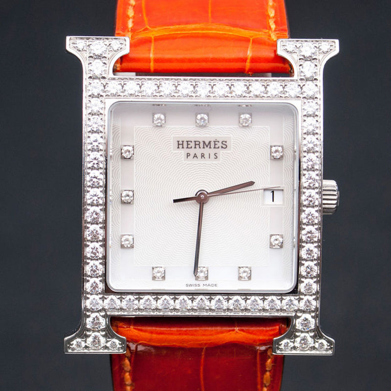 愛馬仕 (Hermes) 銀色鑽石錶盤搭配鑽石錶殼腕錶