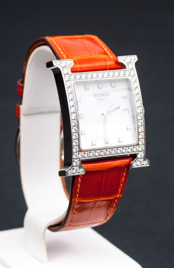 愛馬仕 (Hermes) 銀色鑽石錶盤搭配鑽石錶殼腕錶