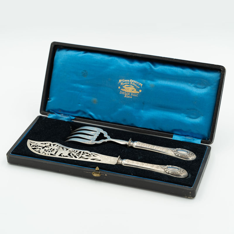 Antique French silver set for serving fish in original box