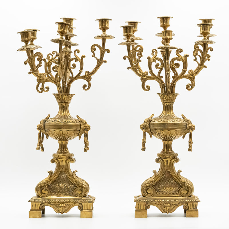 Antique Eclectic style bronze mantel clock with two candelabras in the style of Napoleon 3rd. decor