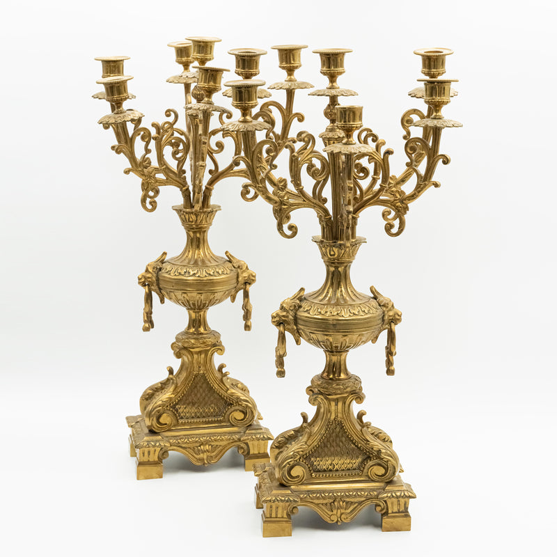 Antique Eclectic style bronze mantel clock with two candelabras in the style of Napoleon 3rd. decor