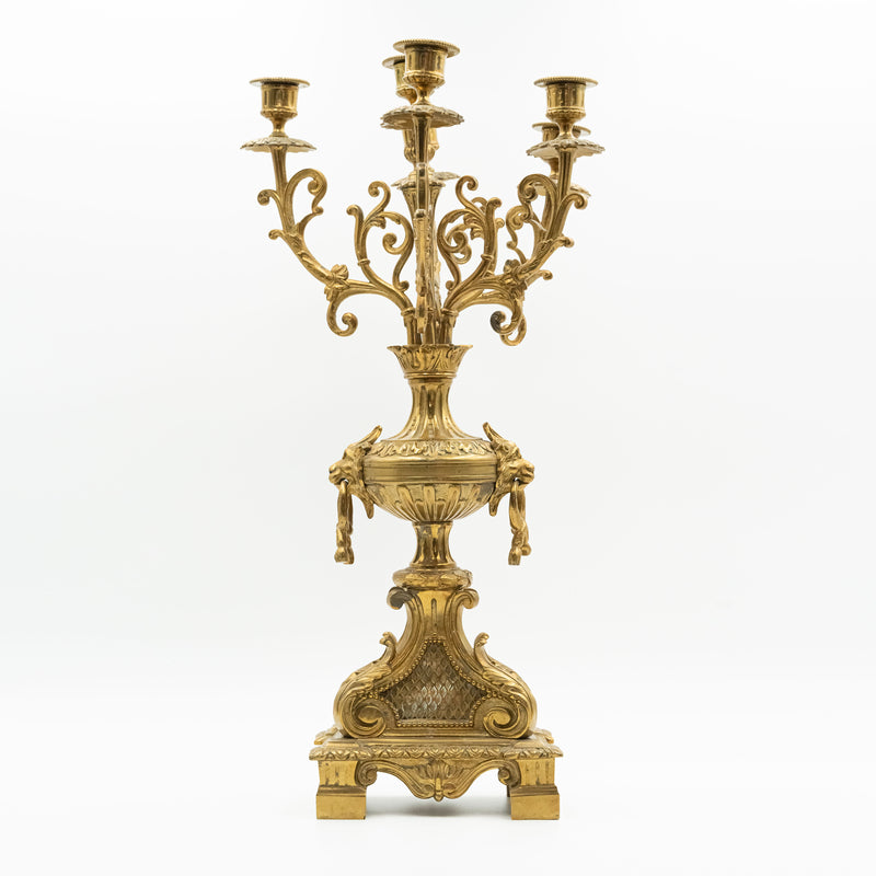 Antique Eclectic style bronze mantel clock with two candelabras in the style of Napoleon 3rd. decor