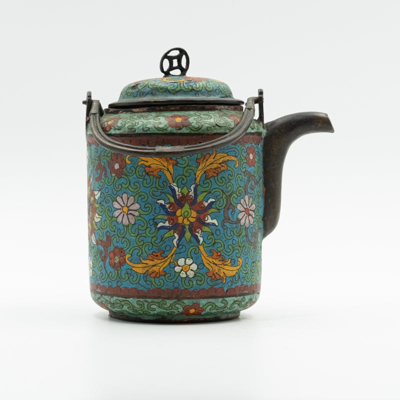 Antique Chinese bronze and cloisonné enamel ceremonial tea pot