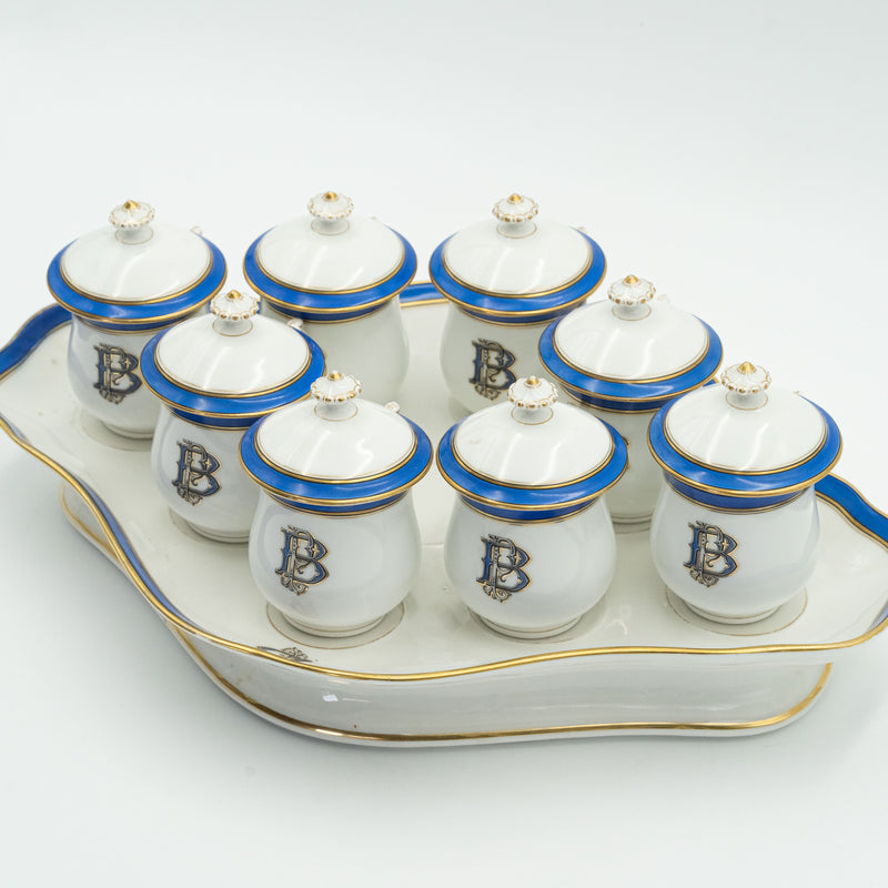 European porcelain set consisting of 9 hot chocolate cups on a serving tray