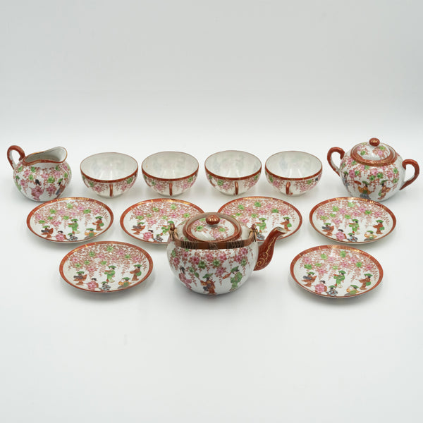 古董日本精緻瓷器茶具 4 人份，手繪藝妓和武士圖畫