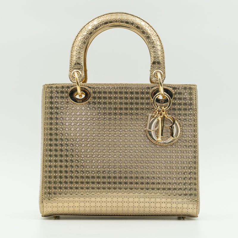 Lady Dior medium size gold Microcannage metallic calfskin bag