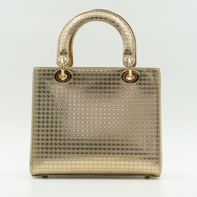 Lady Dior medium size gold Microcannage metallic calfskin bag
