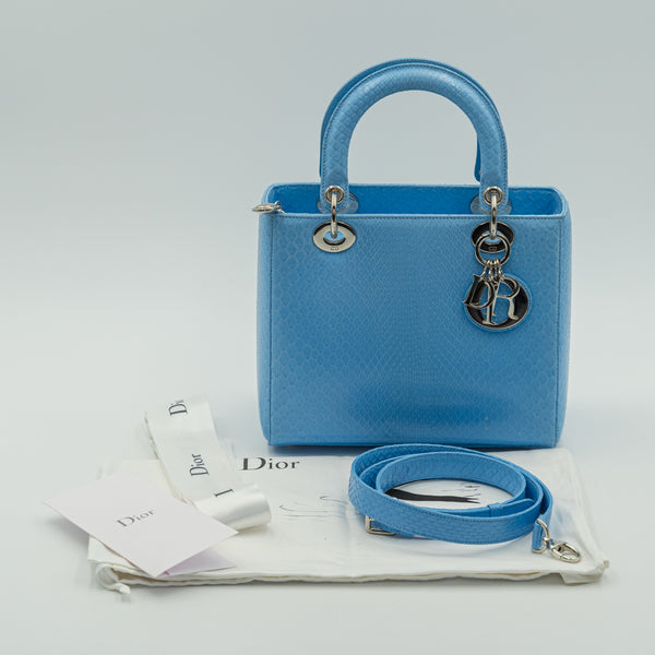 Bolso Tote Lady Dior Edición Especial Tamaño Mediano Piel Pitón Azul Glaciar