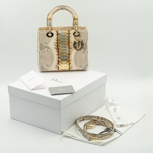中型 Lady Dior 金屬金/棕色蟒蛇皮 Lady Dior 托特包