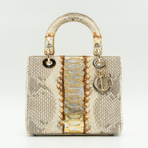 中型 Lady Dior 金屬金/棕色蟒蛇皮 Lady Dior 托特包