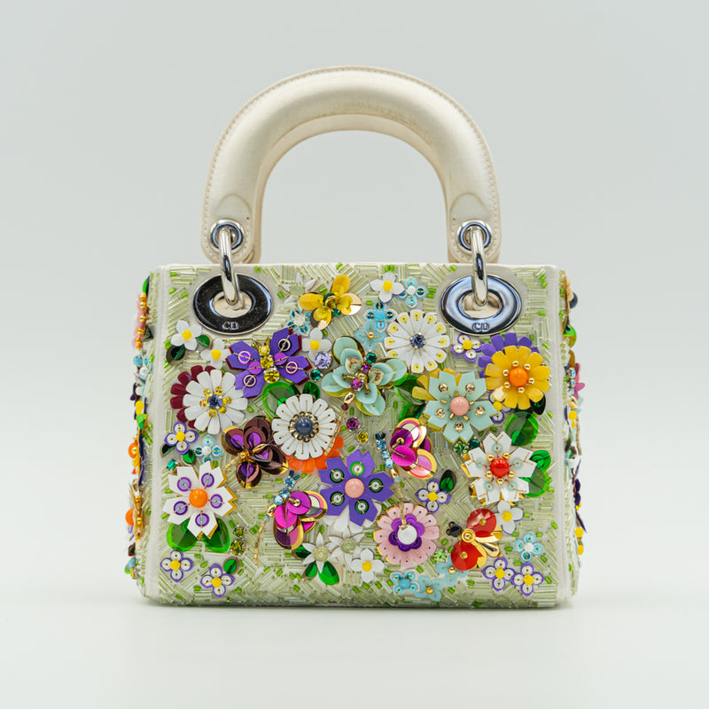 Lady Dior White & Multicolour Flower Embellished Mini Handbag