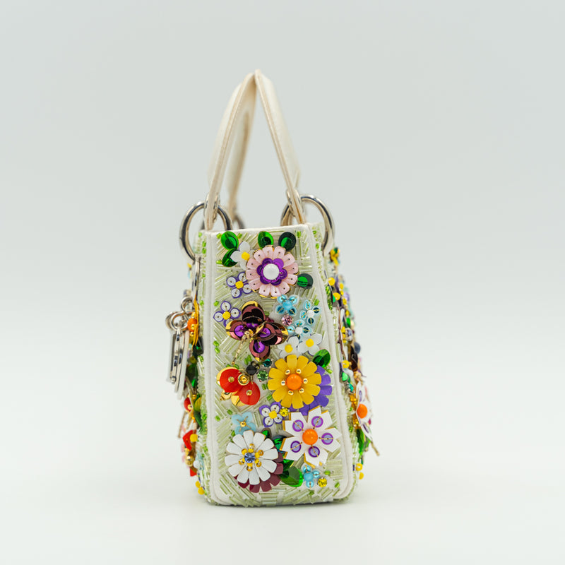 Lady Dior White & Multicolour Flower Embellished Mini Handbag