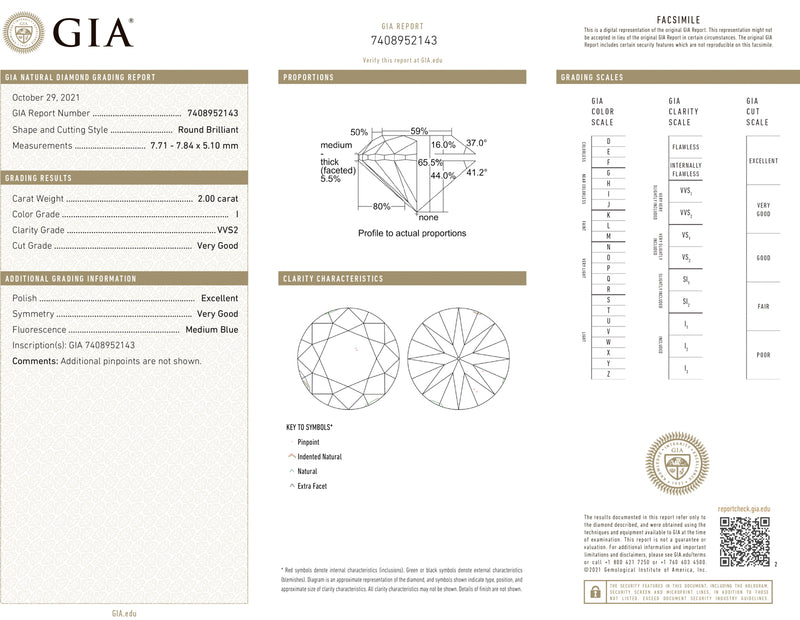 GIA 認證 2.00 克拉圓形明亮式切割裸鑽，淨度 I 色 VVS2