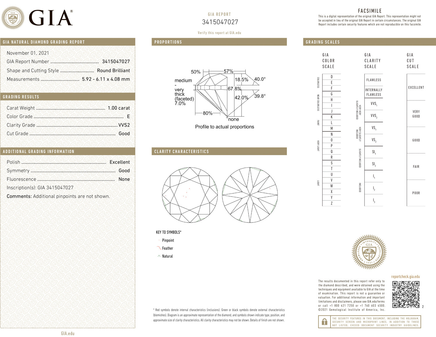 GIA certified 1ct VVS2 clarity round brilliant cut loose diamond of E color