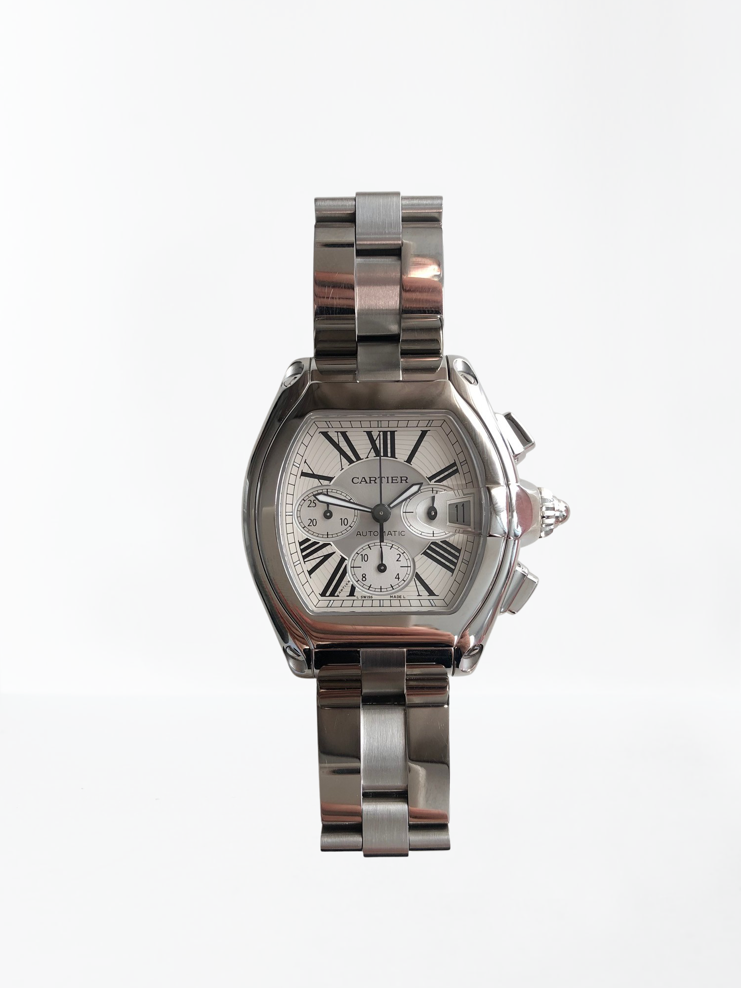 Pre-owned stainless steel Cartier Roadster Chronograph 2618 with a box