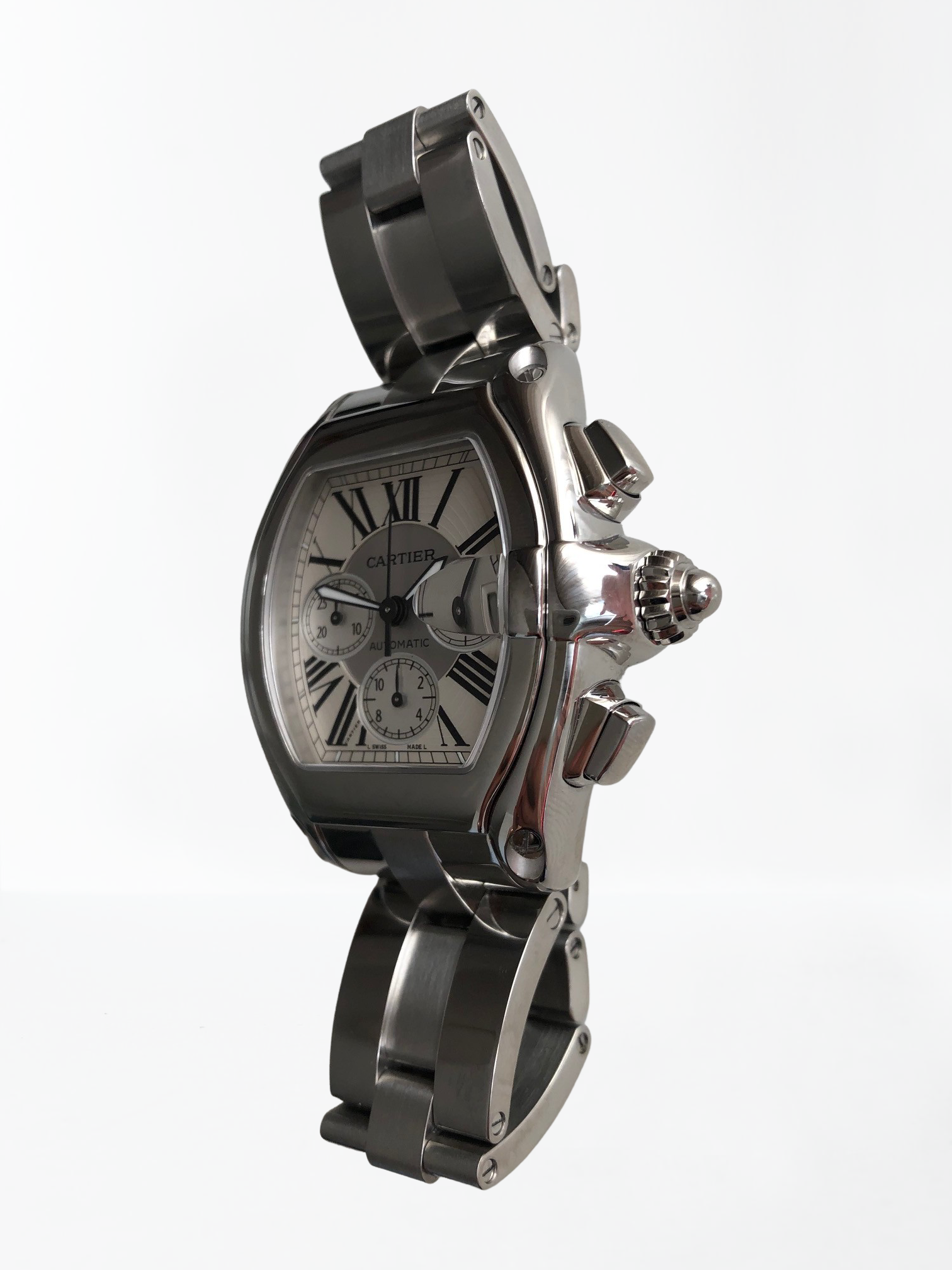 Pre-owned stainless steel Cartier Roadster Chronograph 2618 with a box