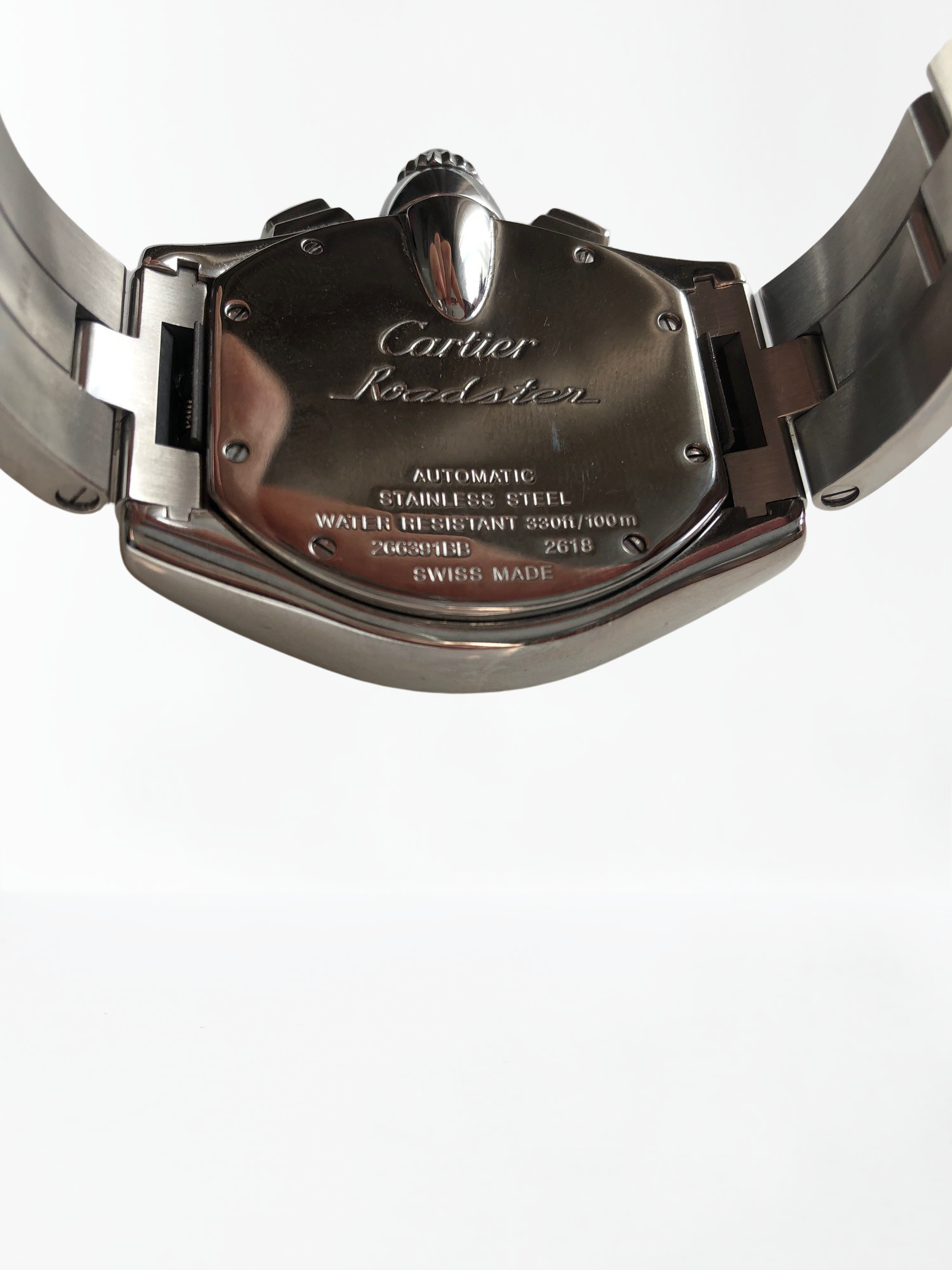 Pre-owned stainless steel Cartier Roadster Chronograph 2618 with a box