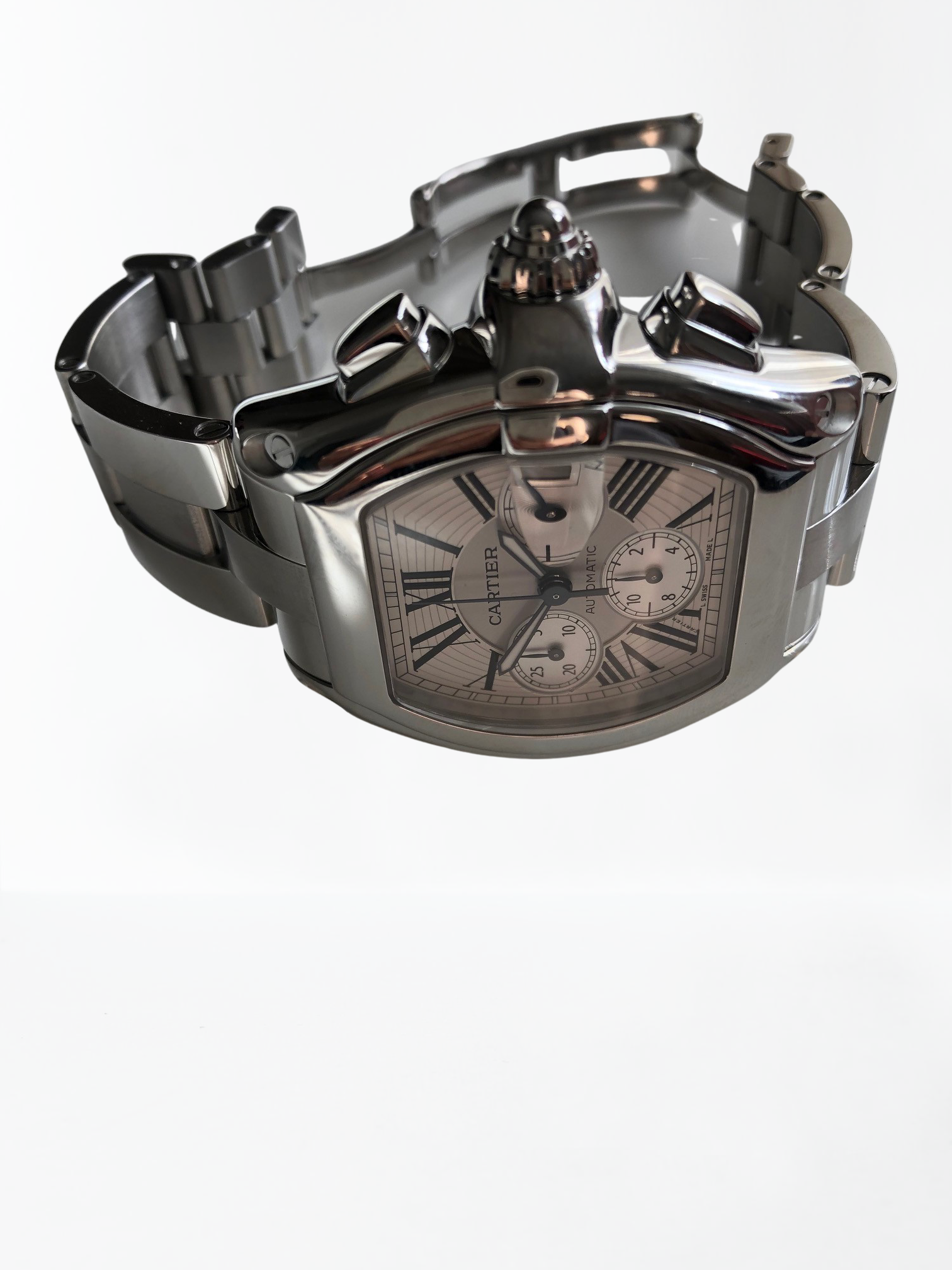 Pre-owned stainless steel Cartier Roadster Chronograph 2618 with a box