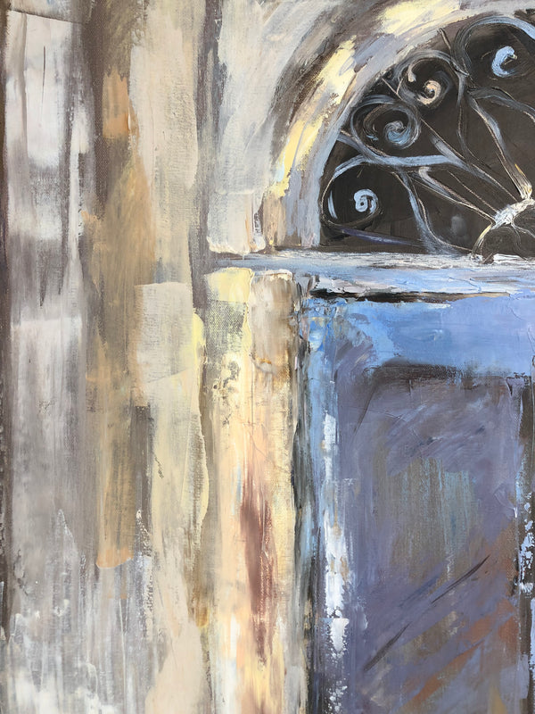 Oil painting by Gunta Viļuma titled "The blue door", 2013