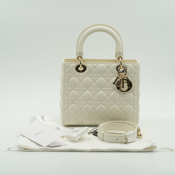 Lady Dior 白色（拿鐵）色小羊皮中型手提包