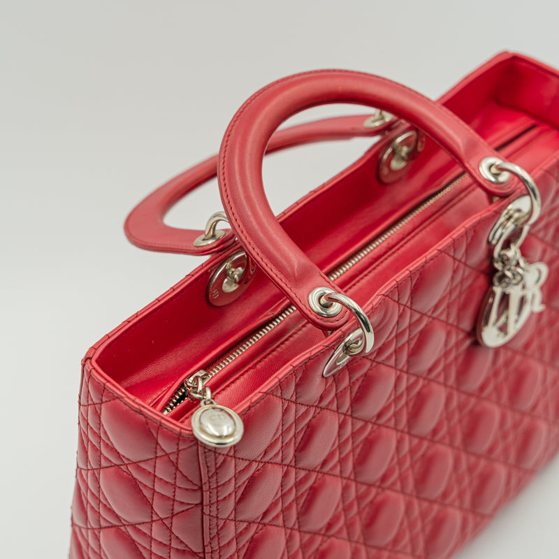 大號 Lady Dior 紅色 Cannage 絎縫小羊皮皮革手提包