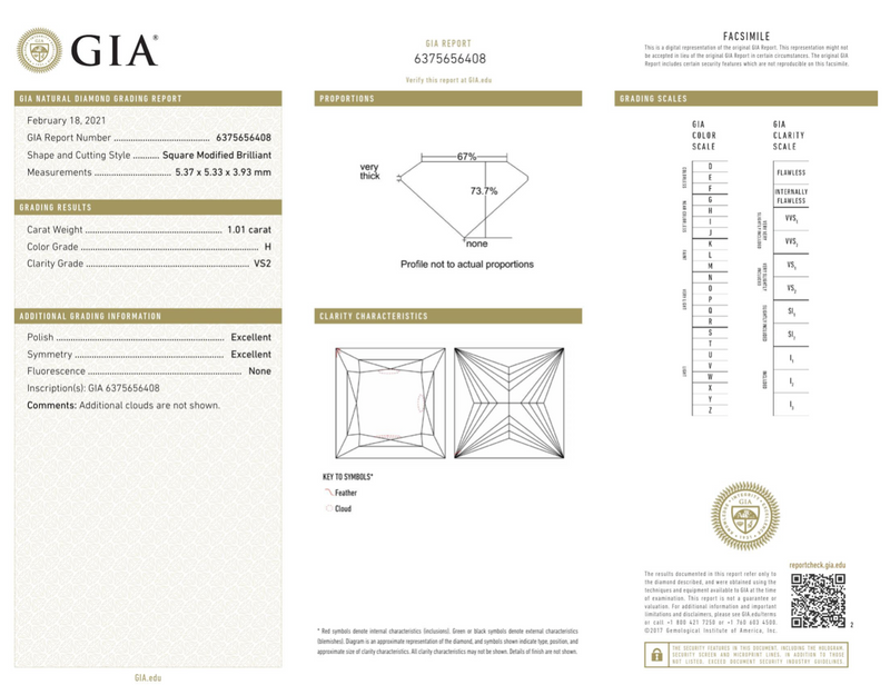 1.01 carat H color Princess-cut VS2 clarity diamond