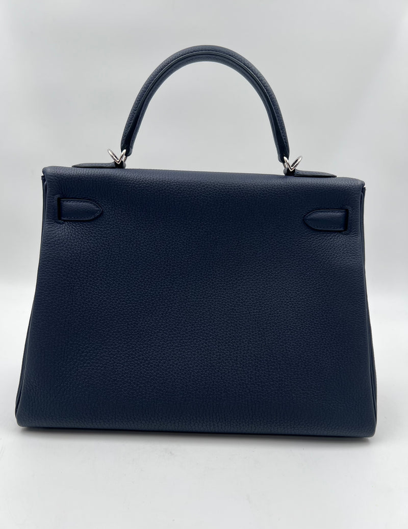 Full set Hermes Kelly Retourne 32 leather handbag in Blue Nuit Togo leather