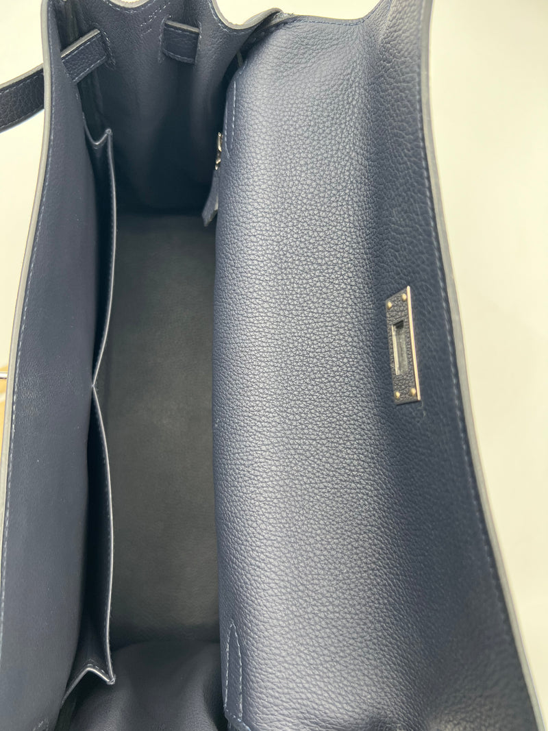 Full set Hermes Kelly Retourne 32 leather handbag in Blue Nuit Togo leather