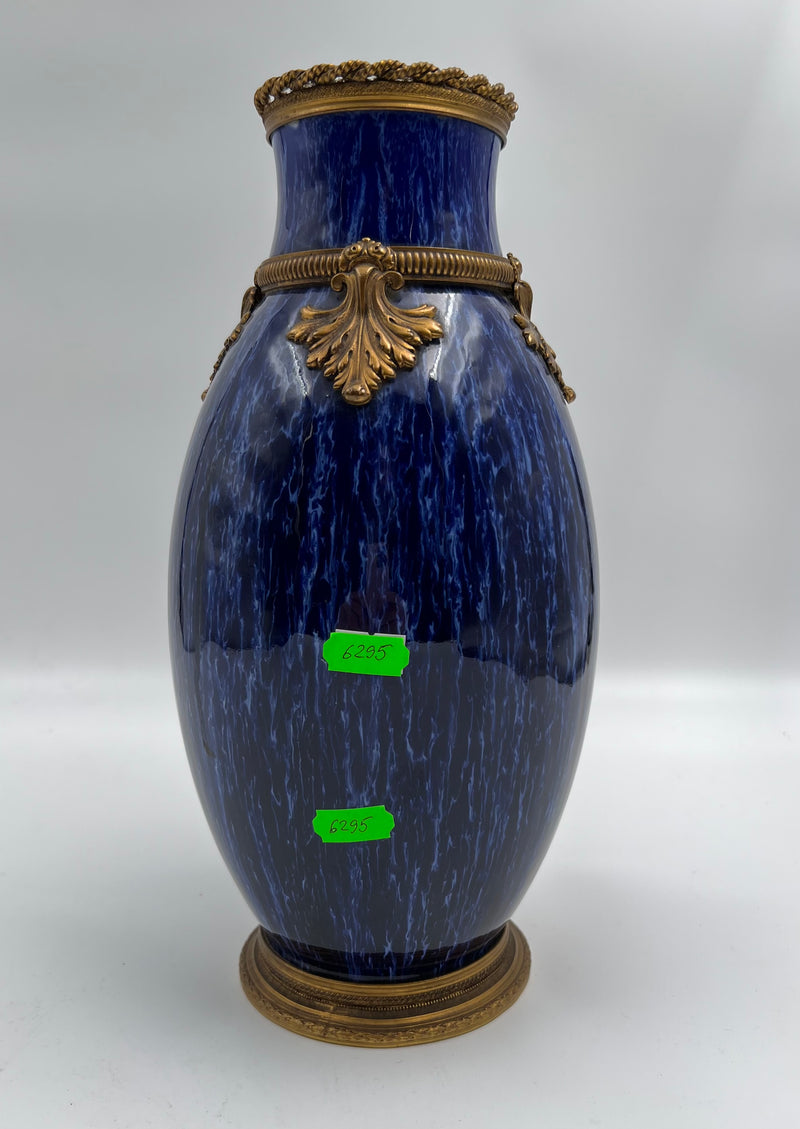 Antique 19th century French Cobalt blue porcelain vase decorated with gilded bronze Acanthus leaves