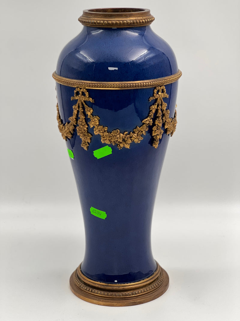 古董法國塞夫爾鈷藍色瓷花瓶，鍍金青銅裝飾，Paul Milet 設計