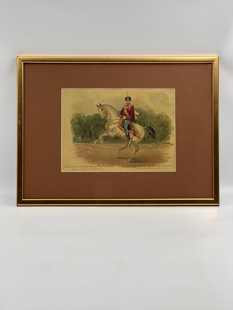 精美的版畫，描繪了尼古拉斯二世皇帝陛下騎著雄偉的白馬