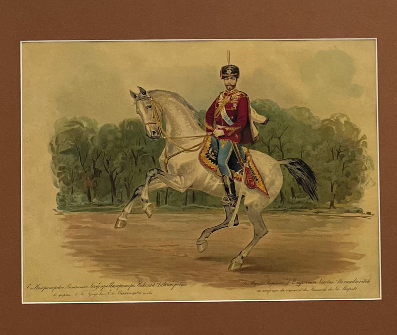 精美的版畫，描繪了尼古拉斯二世皇帝陛下騎著雄偉的白馬