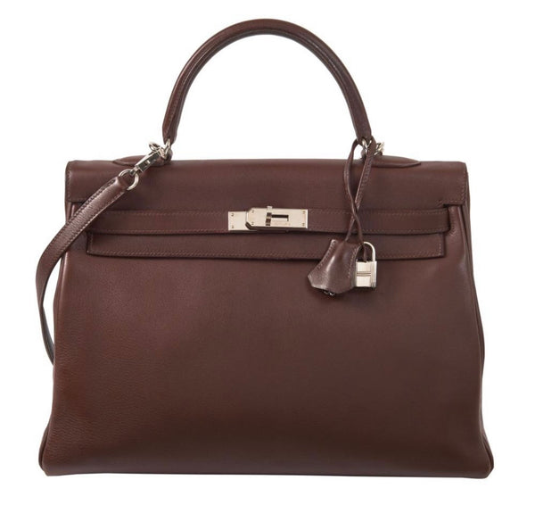 Hermés Kelly Retourné 35cm Cuero Prune Negonda con herrajes de paladio