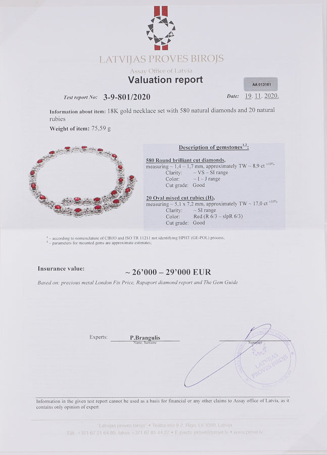 18K white gold necklace set with 9,90 CTW Natural Diamonds & 17 CTW Natural Rubies
