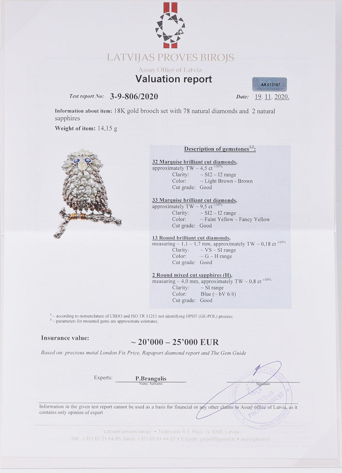 18K 白金胸針，設計為樹枝上的貓頭鷹，鑲嵌 14.18 CTW 鑽石和 2 顆藍色藍寶石