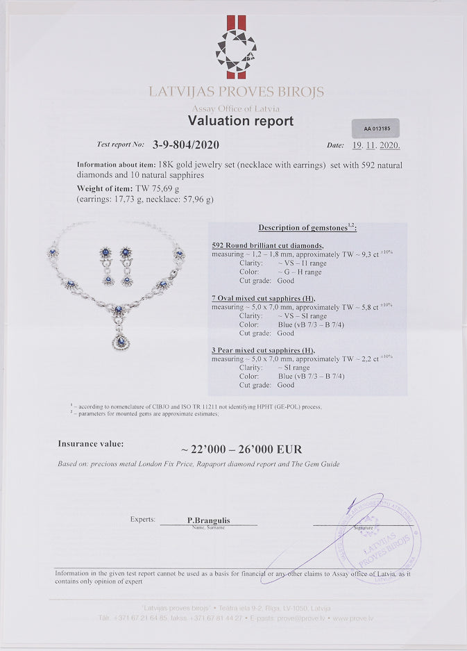 18K white gold jewelry set with 9,30 CTW Natural Diamonds and 8CTW blue Sapphires