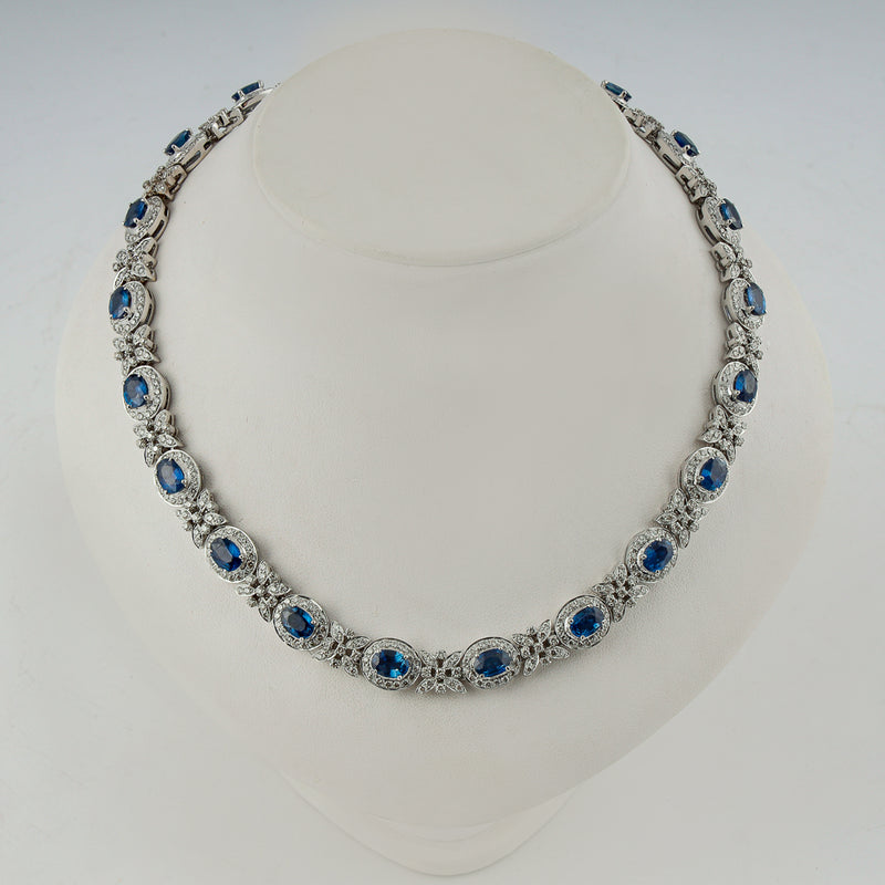 18k white gold necklace set with 9,10 CTW natural diamonds and 20 CTW blue sapphires