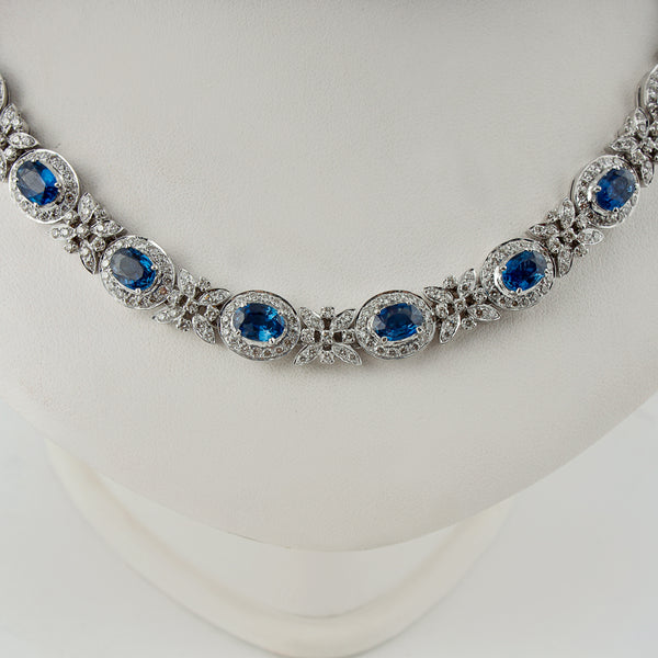 18k white gold necklace set with 9,10 CTW natural diamonds and 20 CTW blue sapphires